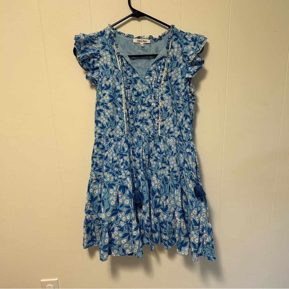 Celina Moon Blue Floral Ruffle Dress
